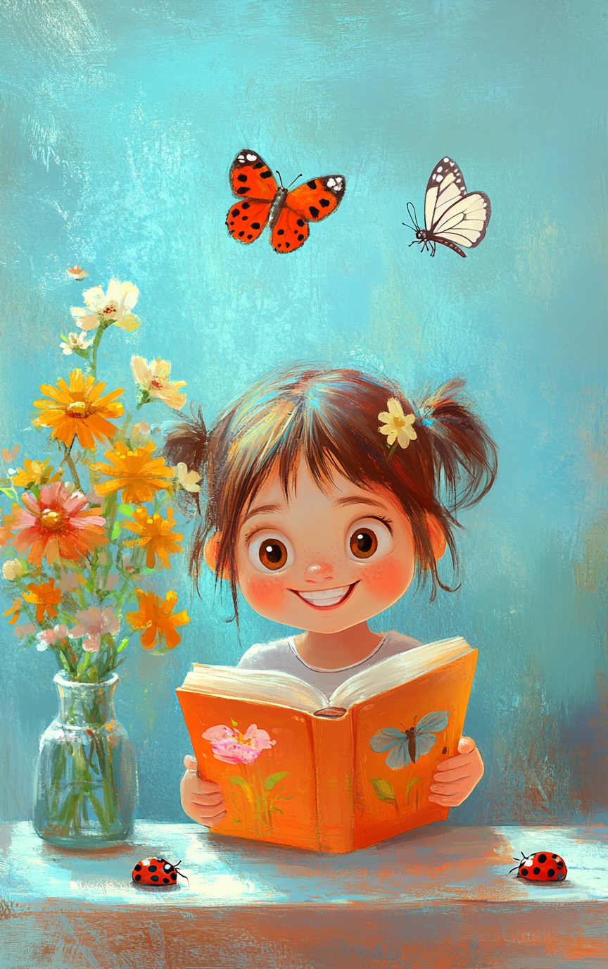 Happy Girl Reading with Ladybugs and Butterfly