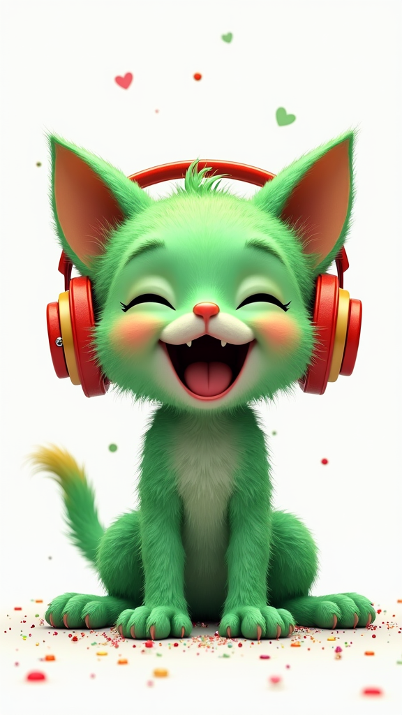 Happy Glittered Acid Green Baby-Kitten in Headphones