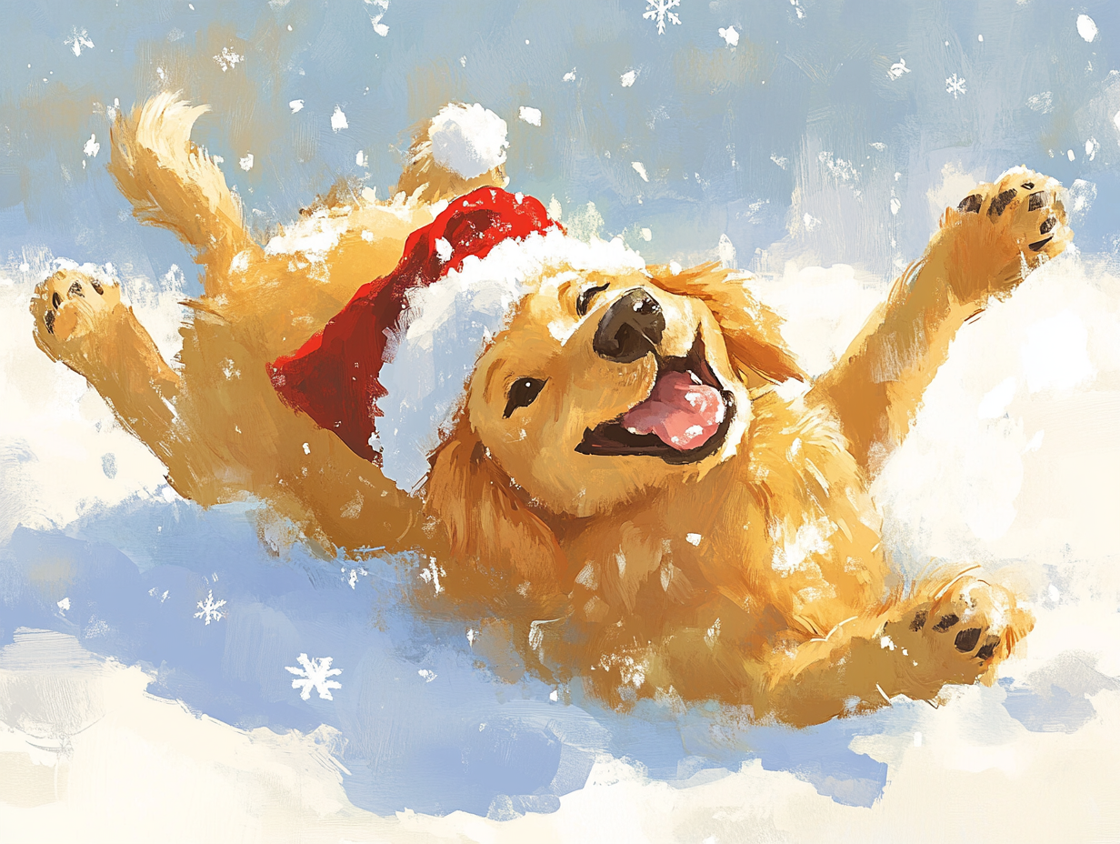 Happy Golden Retriever dog wearing Santa hat playing in snow.