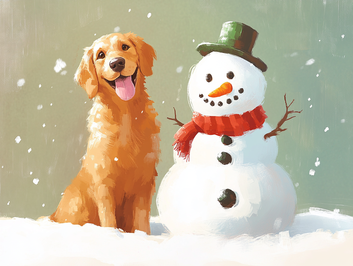 Happy Golden Retriever with Snowman in Christmas illustration