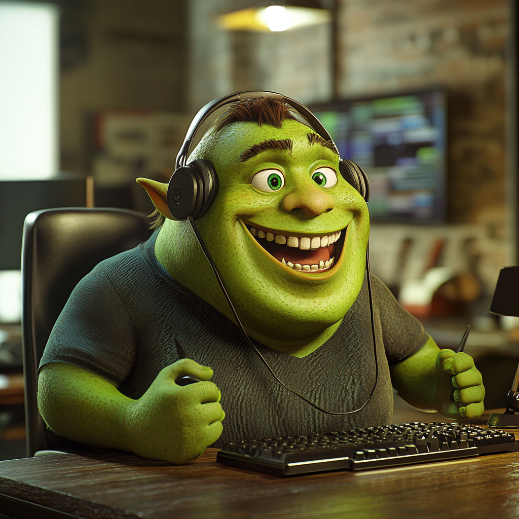 Happy Green Orc Call Center Worker, 3D Pixar Render