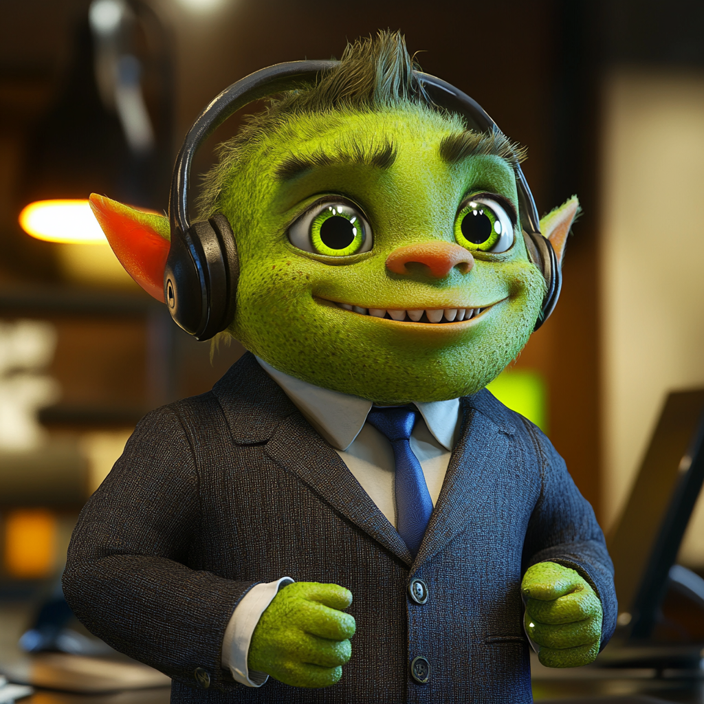 Happy Green Orc Child in Call Center - 3D Pixar Render