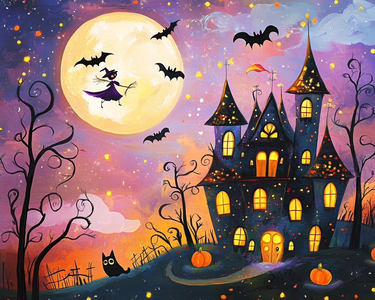 Happy Halloween: witches, cats, bats, haunted mansion, magic.