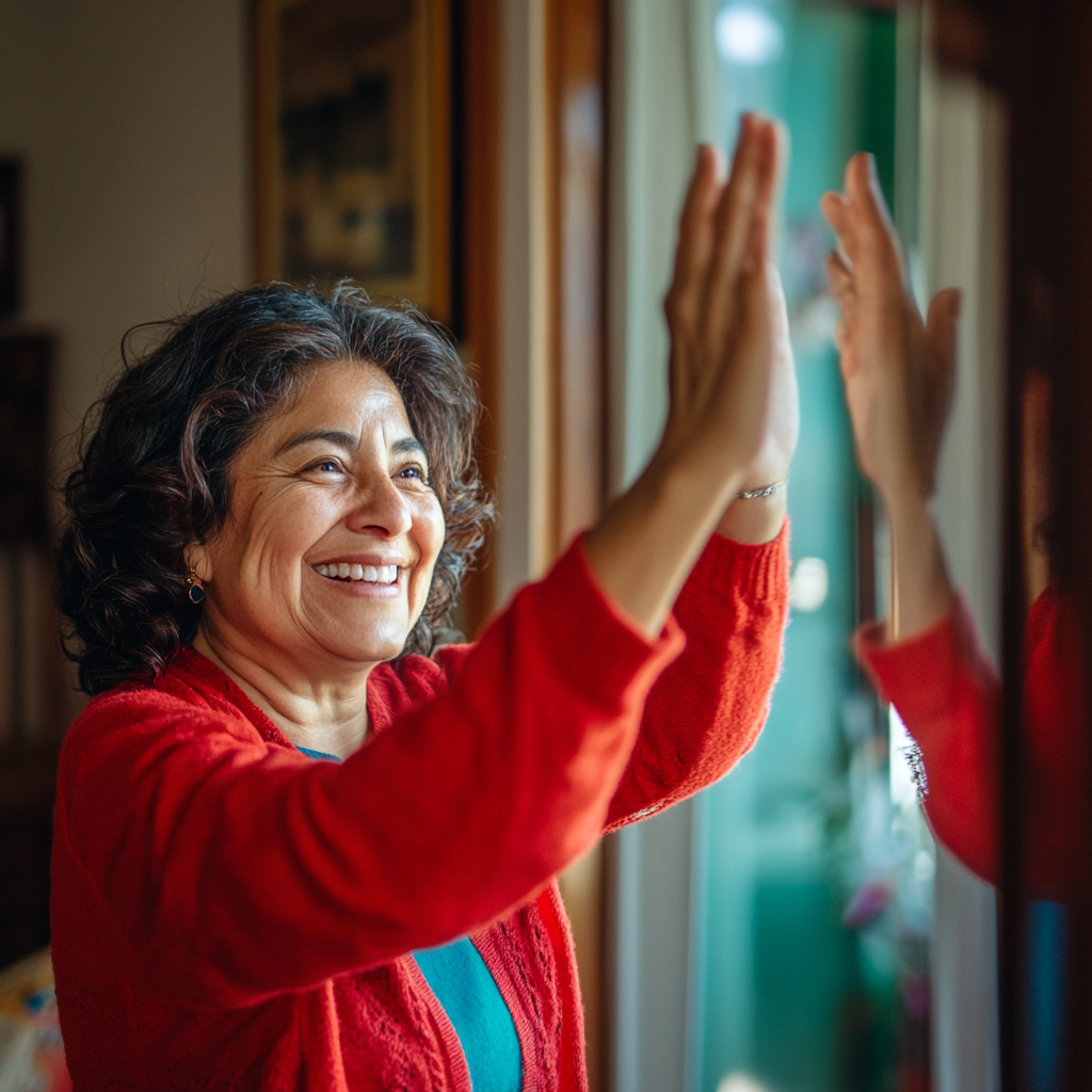 Happy Hispanic woman playfully celebrating in mirror reflection.