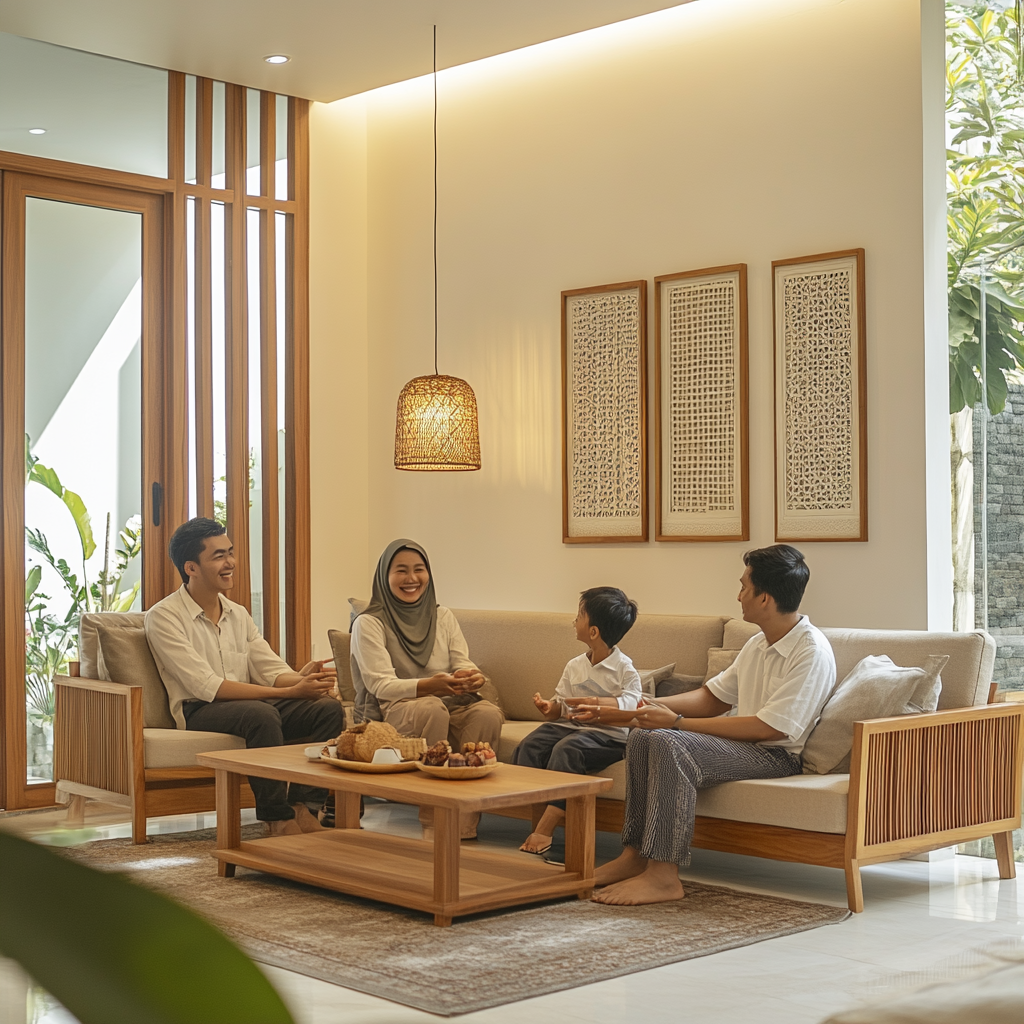 Happy Indonesian family talking in modern living room.