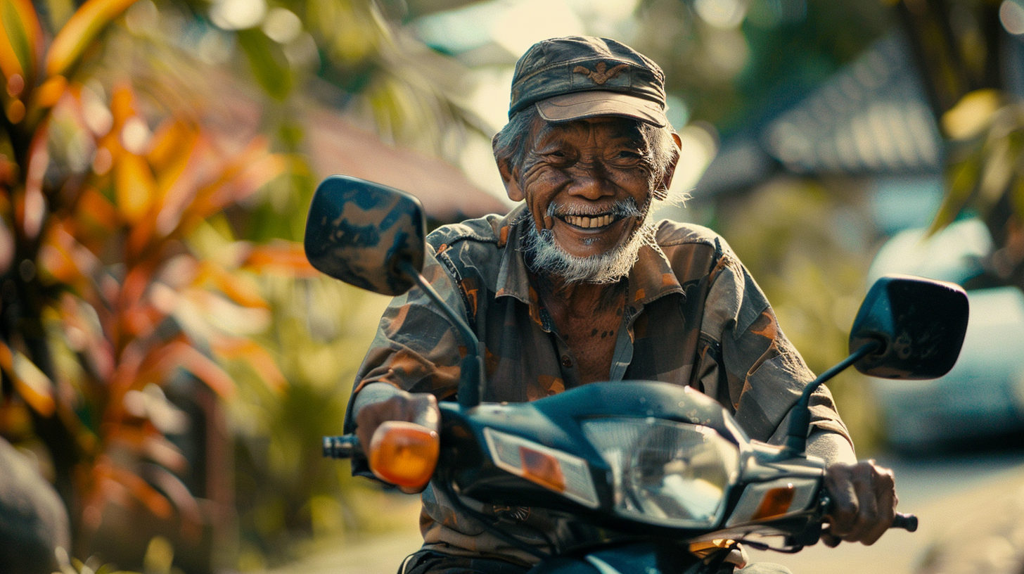 Happy Indonesian man rides Yamaha RX King in garden