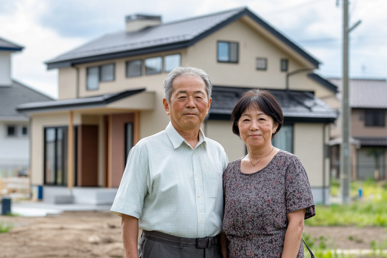 Happy Japanese couple in front of new home