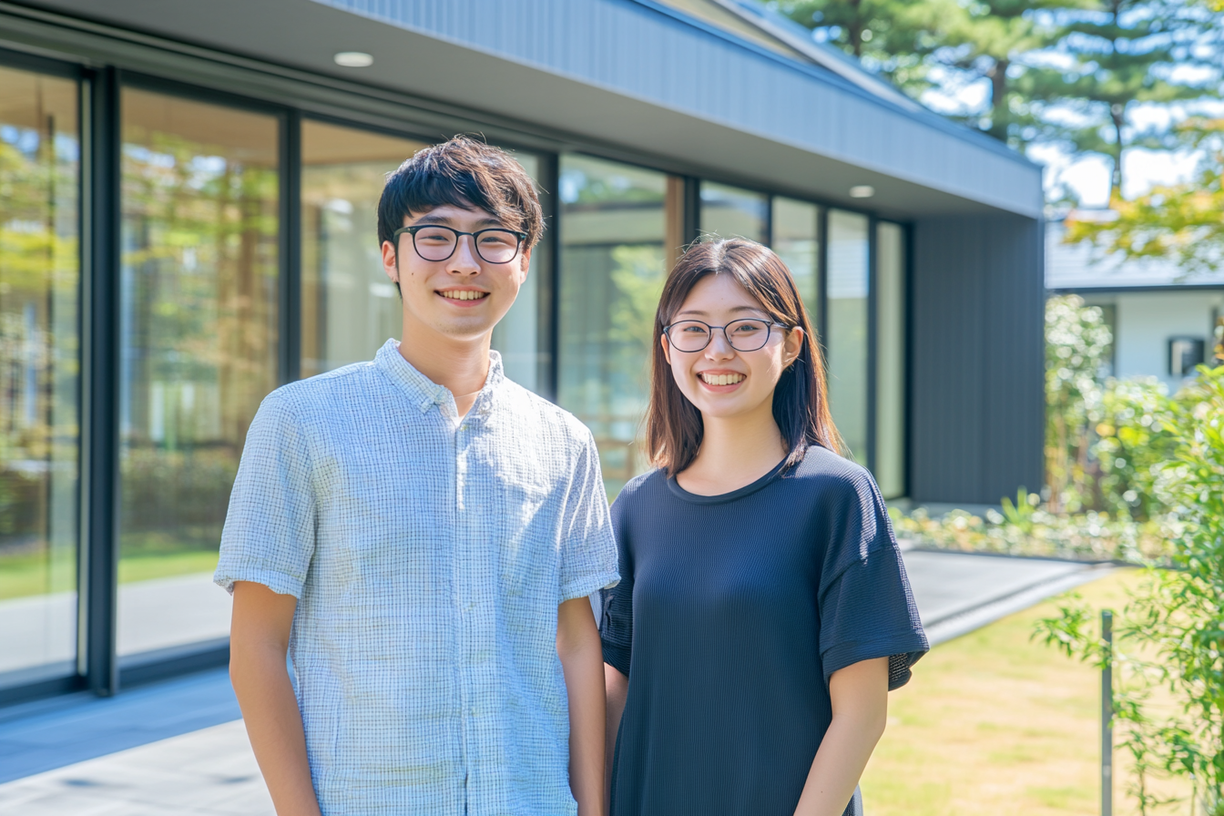 Happy Japanese couple in front of their new house