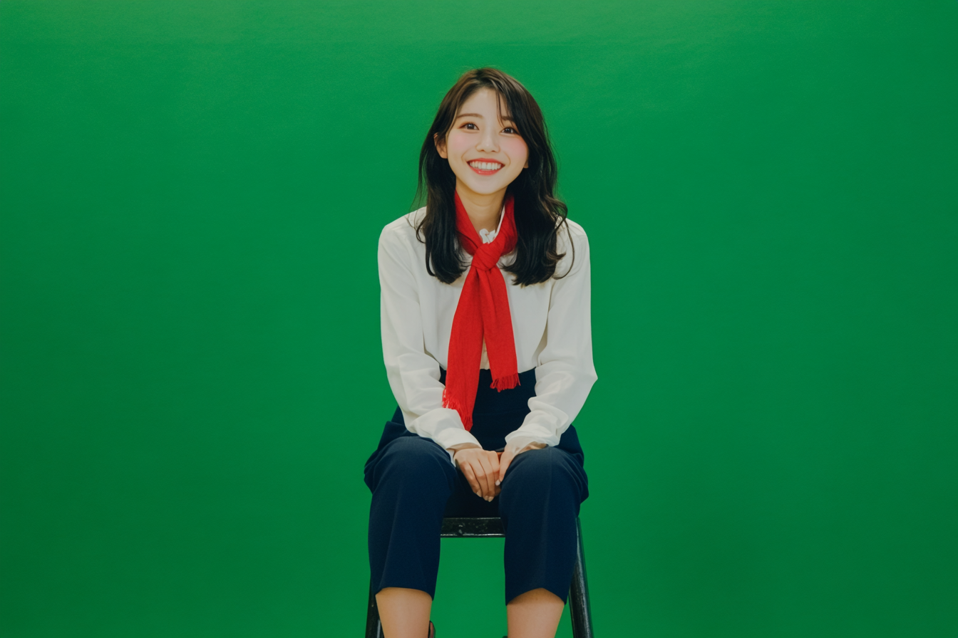 Happy Japanese woman sits confidently on stool, bright colors.