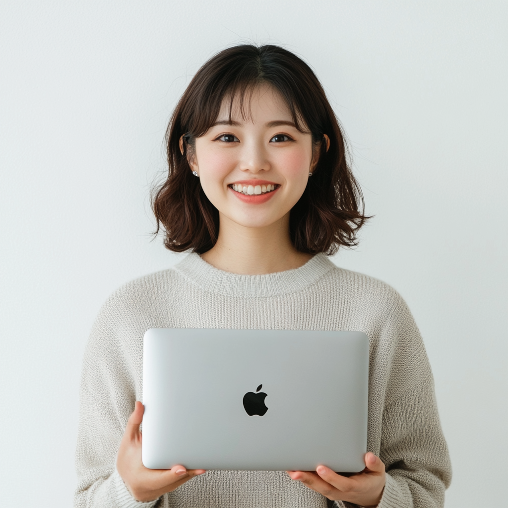 Happy Japanese woman using Mac computer, thinking positively.