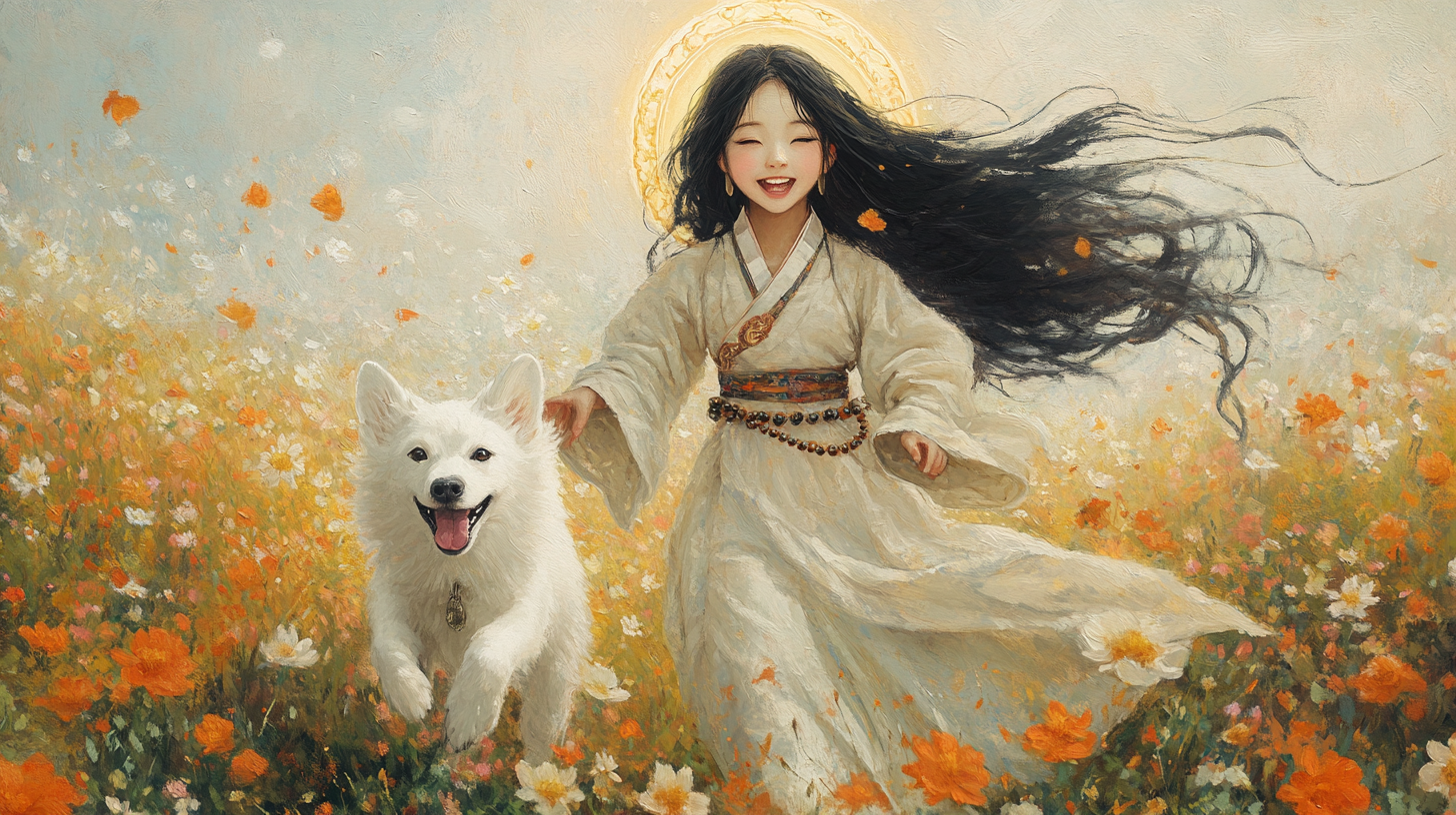 Happy Korean girl bodhisattva and Baekgu in field