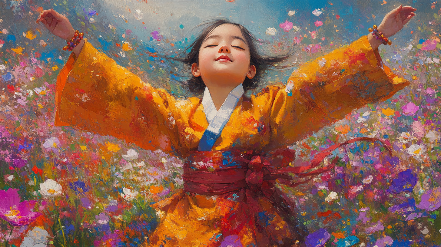 Happy Korean girl dancing in field of flowers peacefully.