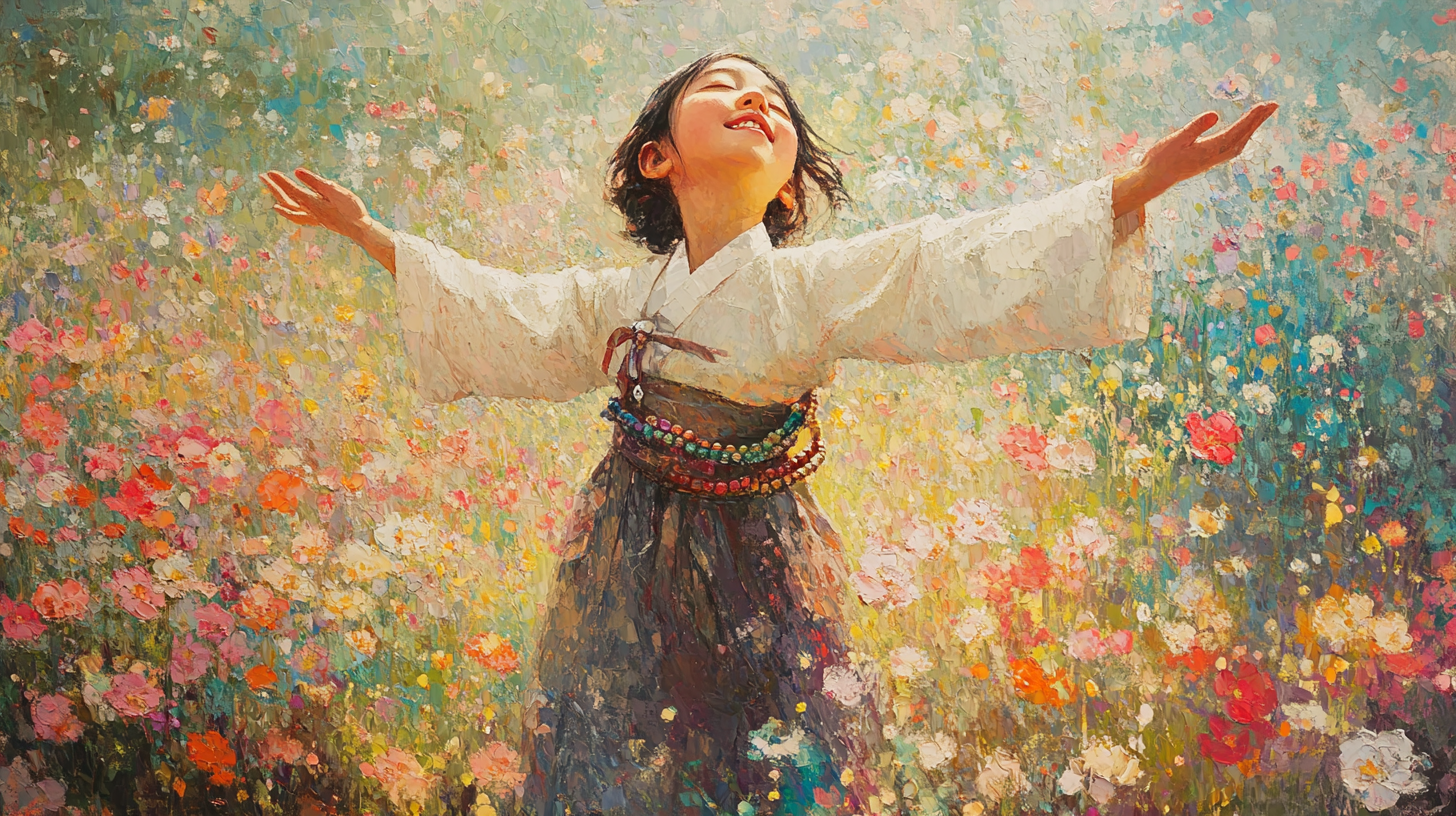 Happy Korean girl in monk attire dances in flowers.