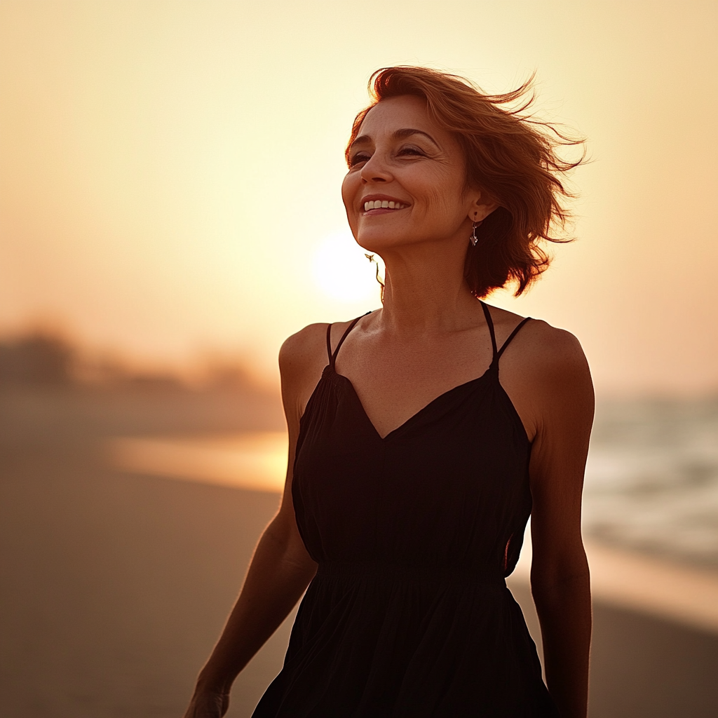 Happy Kuwaiti woman in her sixties smiling on beach.