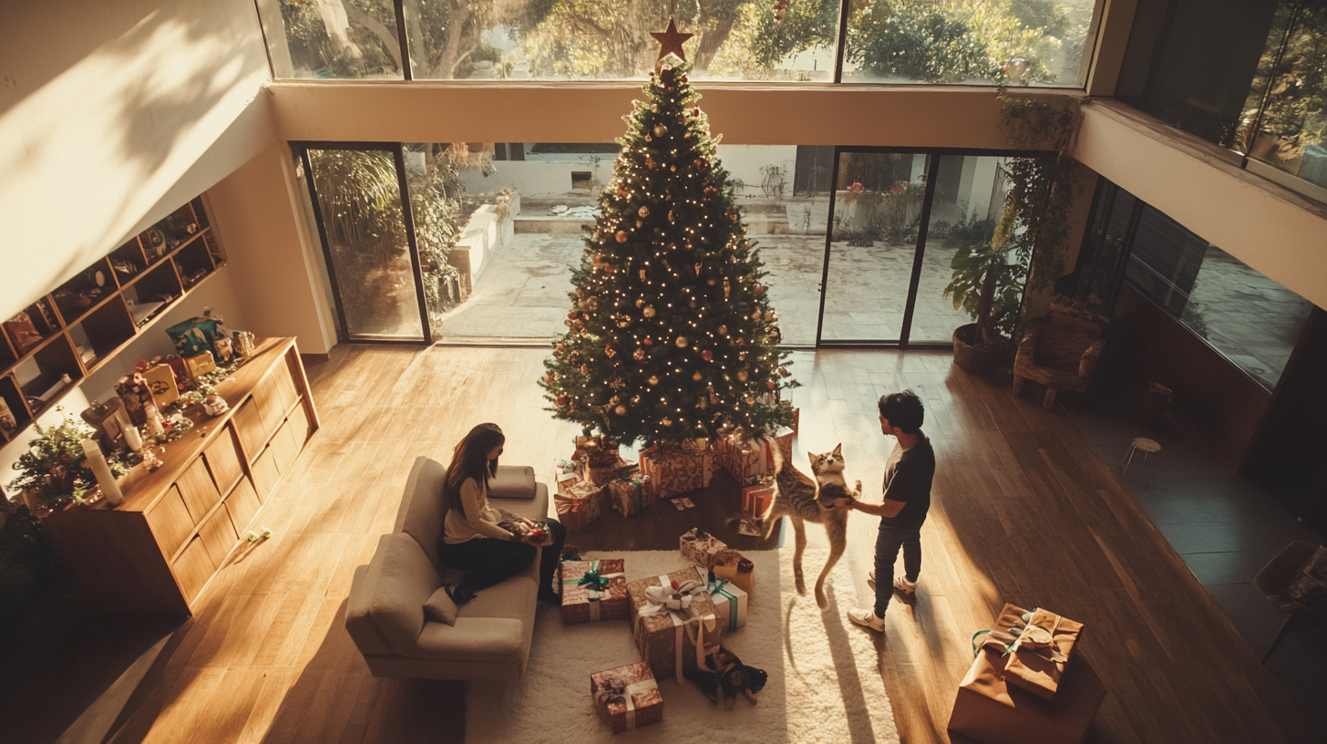 Happy Mexican Family Celebrating Christmas with Pets