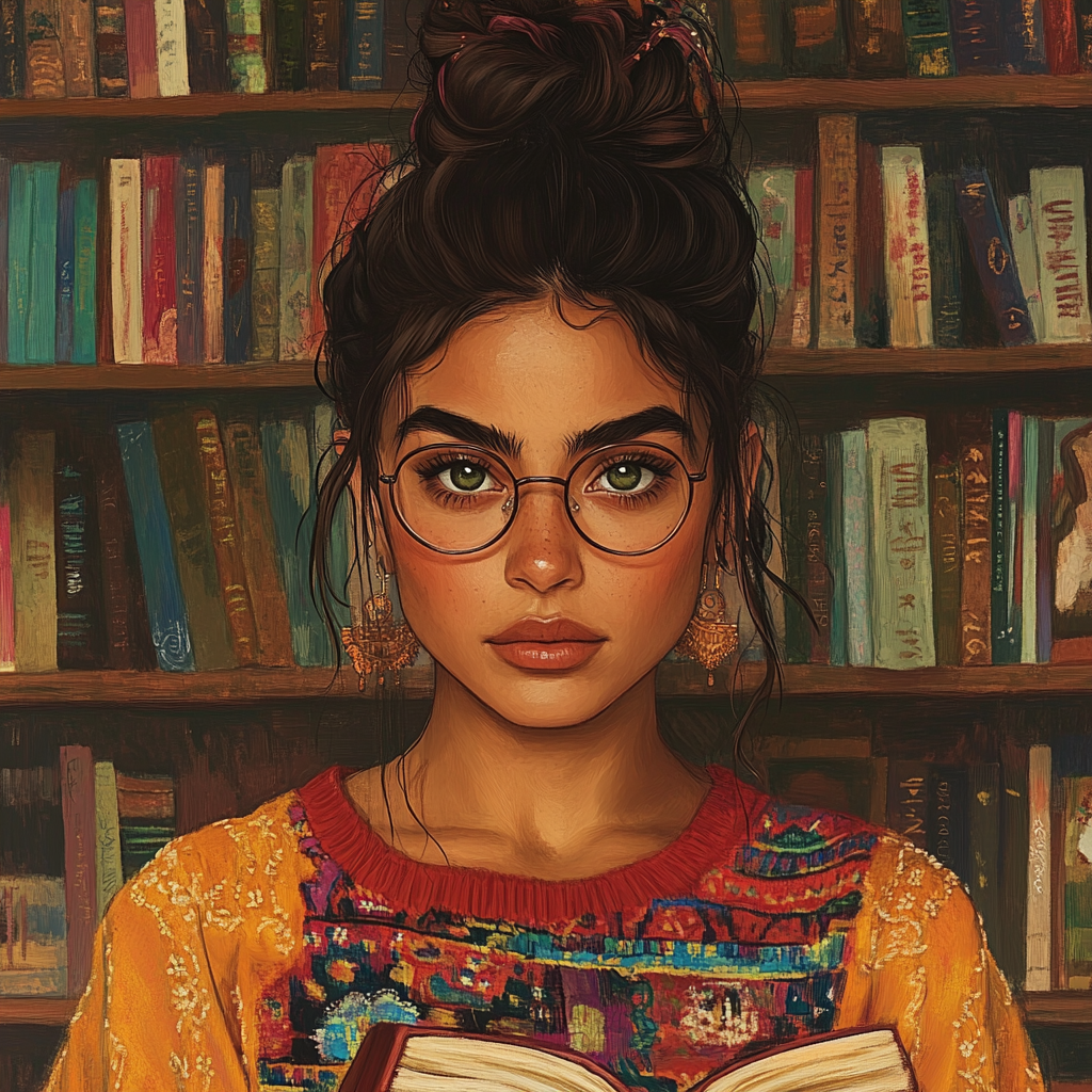 Happy Mexican woman with messy bun in colorful library.