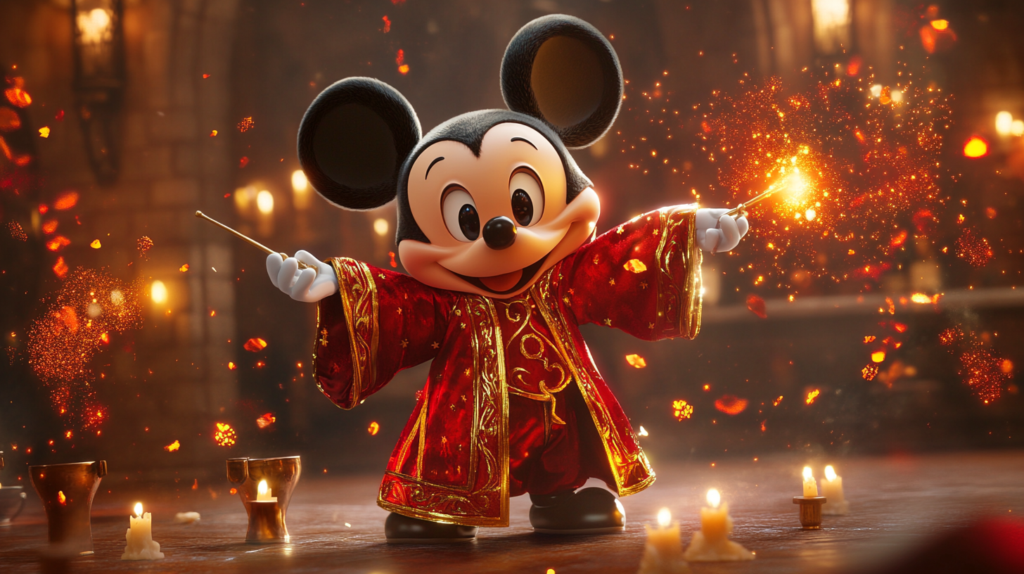 Happy Mickey Mouse in Gryffindor robes performing magic spells.