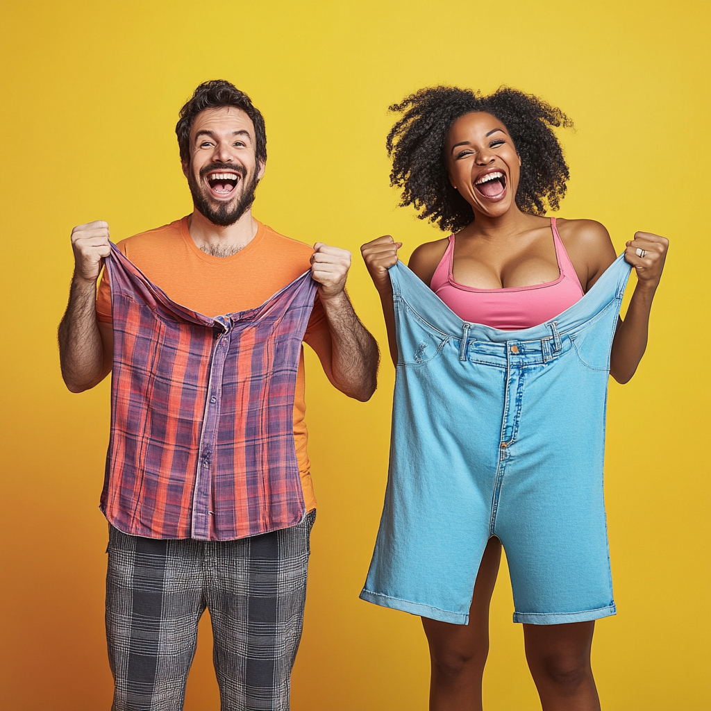 Happy Mixed-Race Couple Showing Weight Loss Success 