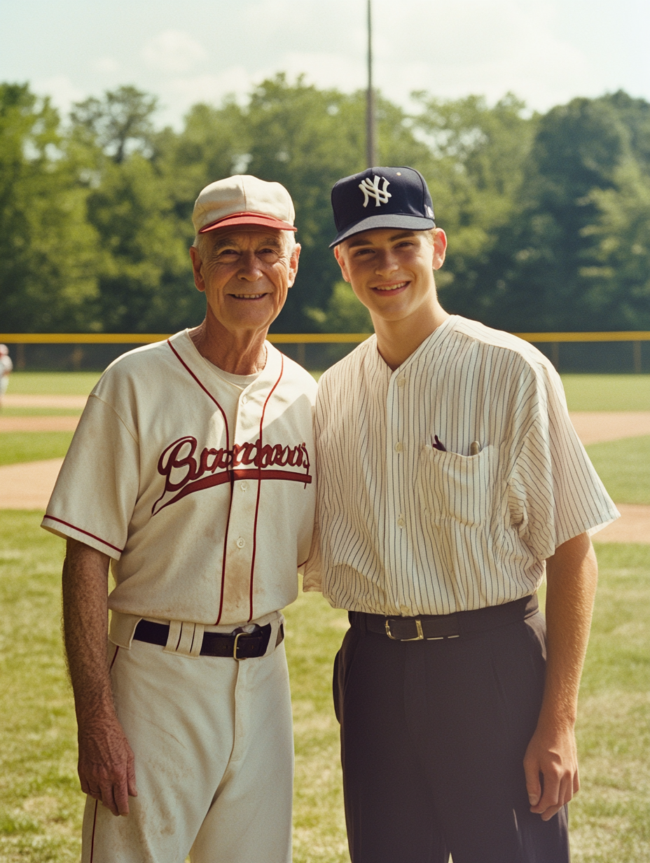 Happy Older and Younger Man at Baseball Field