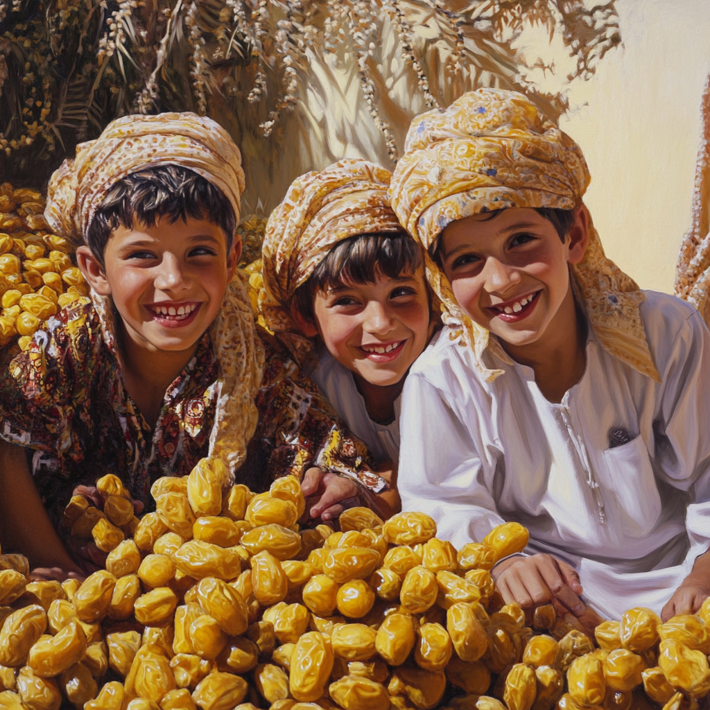 Happy Omani Kids Playing with Yellow Dates