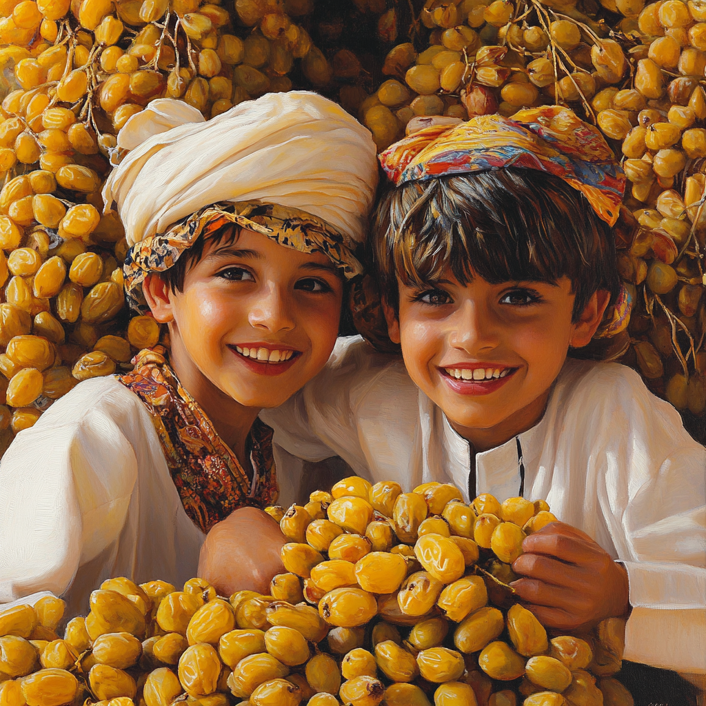 Happy Omani children play near yellow dates.