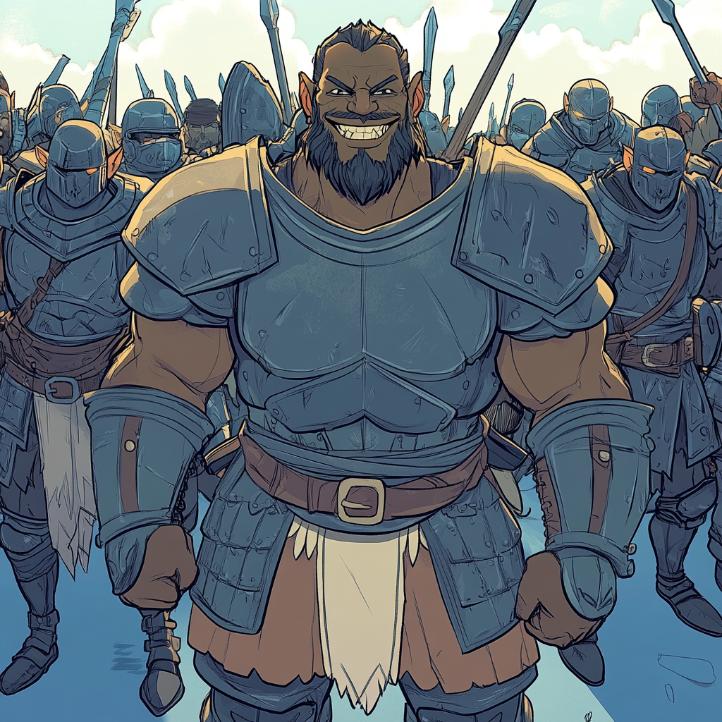 Happy Orc stands among armored warriors bravely.