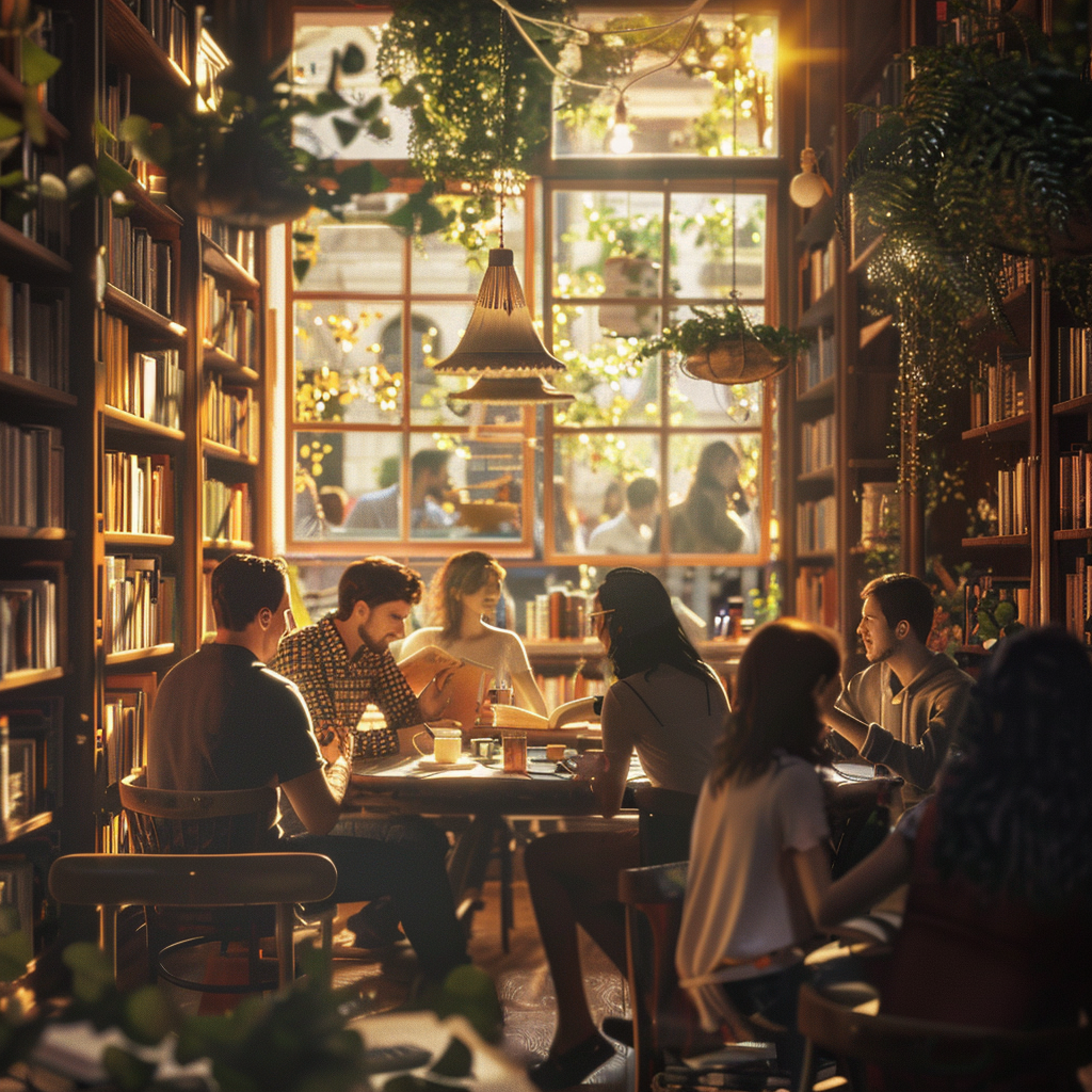 Happy People in Spanish Library Background, Photorealistic 4K Photo