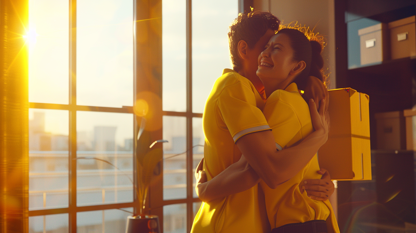 Happy Postal Workers Hugging in Office Setting