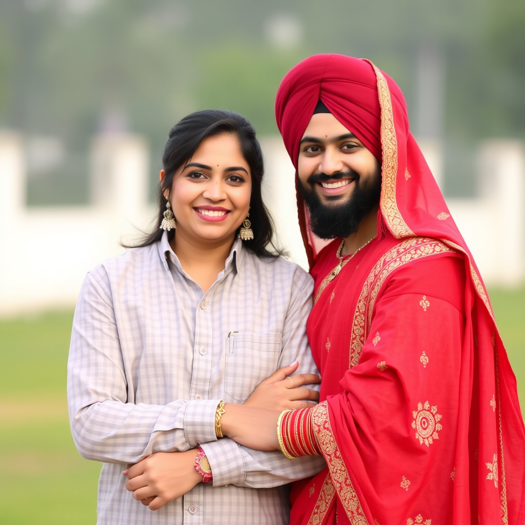 Happy Punjabi couple celebrating wedding in traditional attire