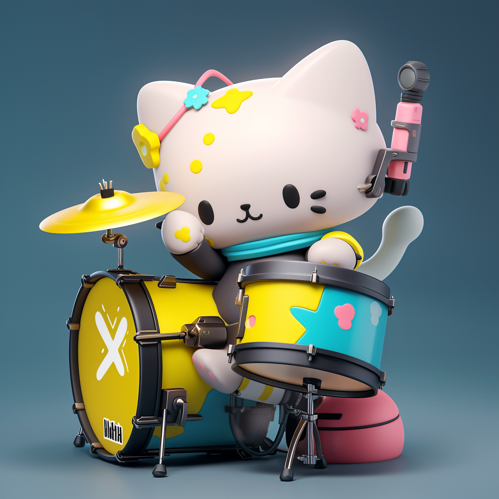 Happy Rockstar Drummer Cat Plushie in Dynamic Pose