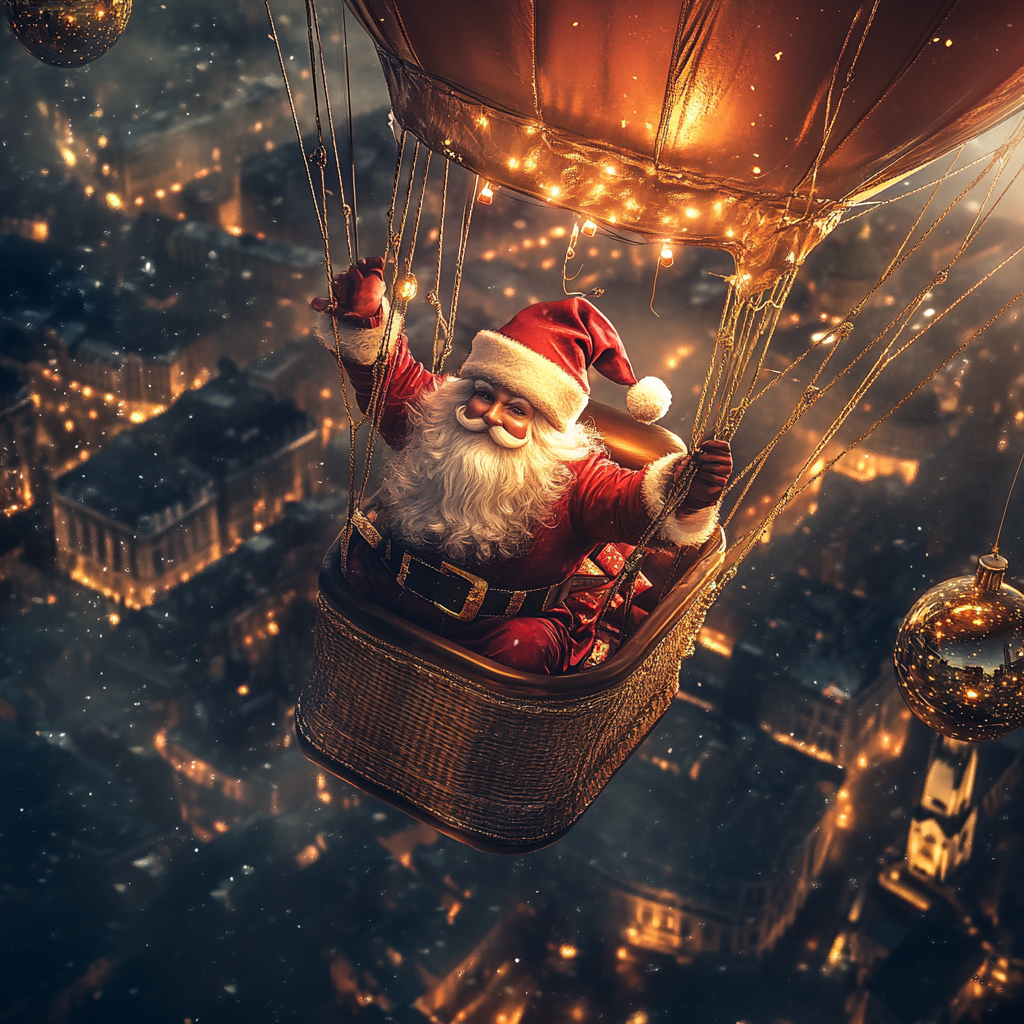 Happy Santa Claus in Surreal Hot Air Balloon