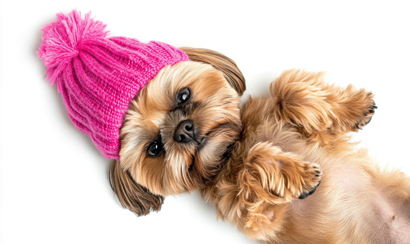 Happy Shih-tzu dog wearing pink beanie, lying down