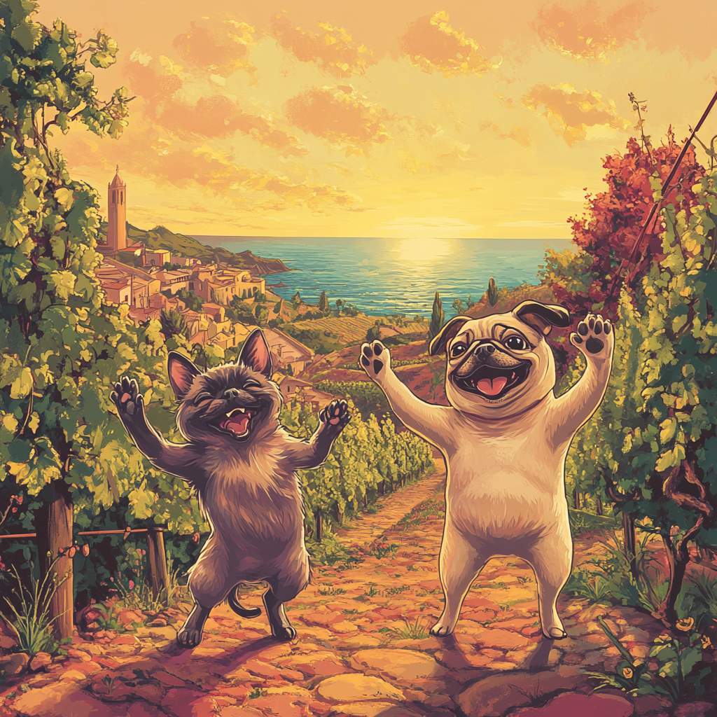 Happy Siamese cat and goofy Pug dancing in vineyard.