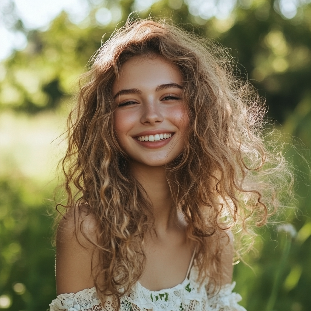 Happy Slavic girl with cheerful expression, natural summer clothes.