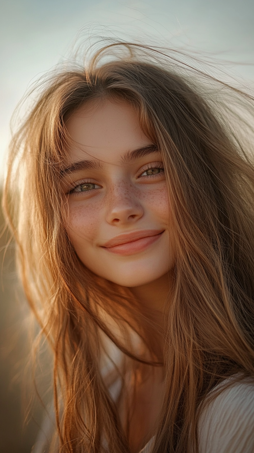 Happy Slavic girl with perfect skin, loose hair, summer vibe.