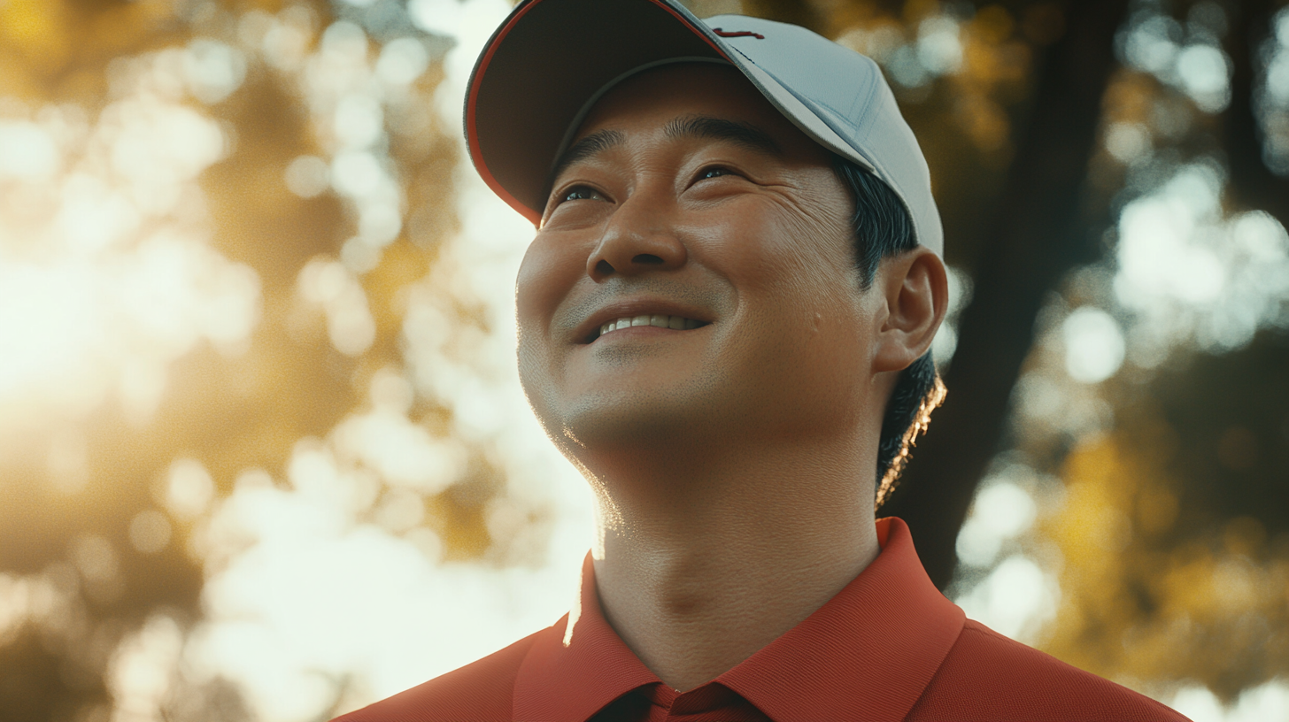 Happy South Korean man in golf attire smiling.