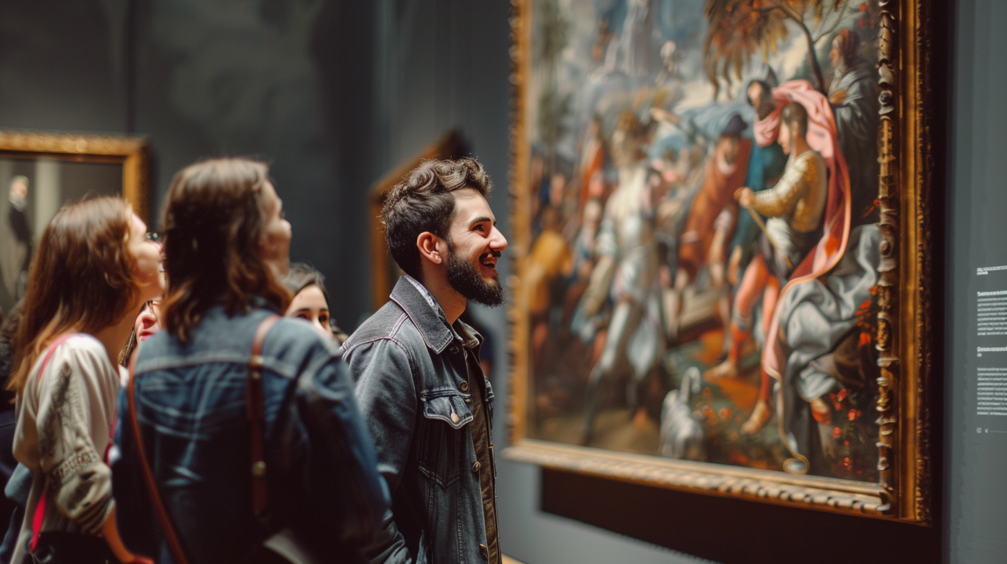 Happy Spanish museum guide explains painting to group