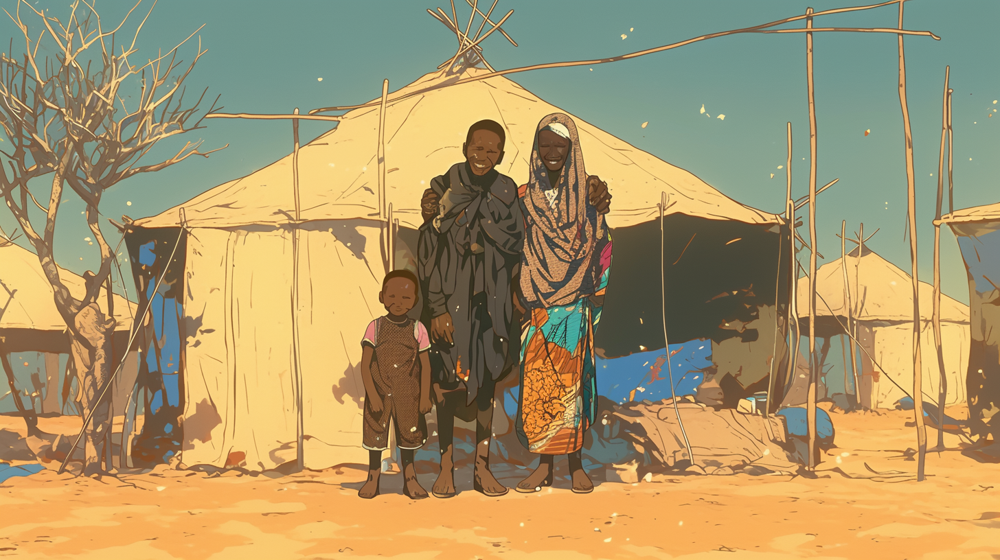 Happy Sudanese Family in Refugee Camp, Smiling, Anime Style