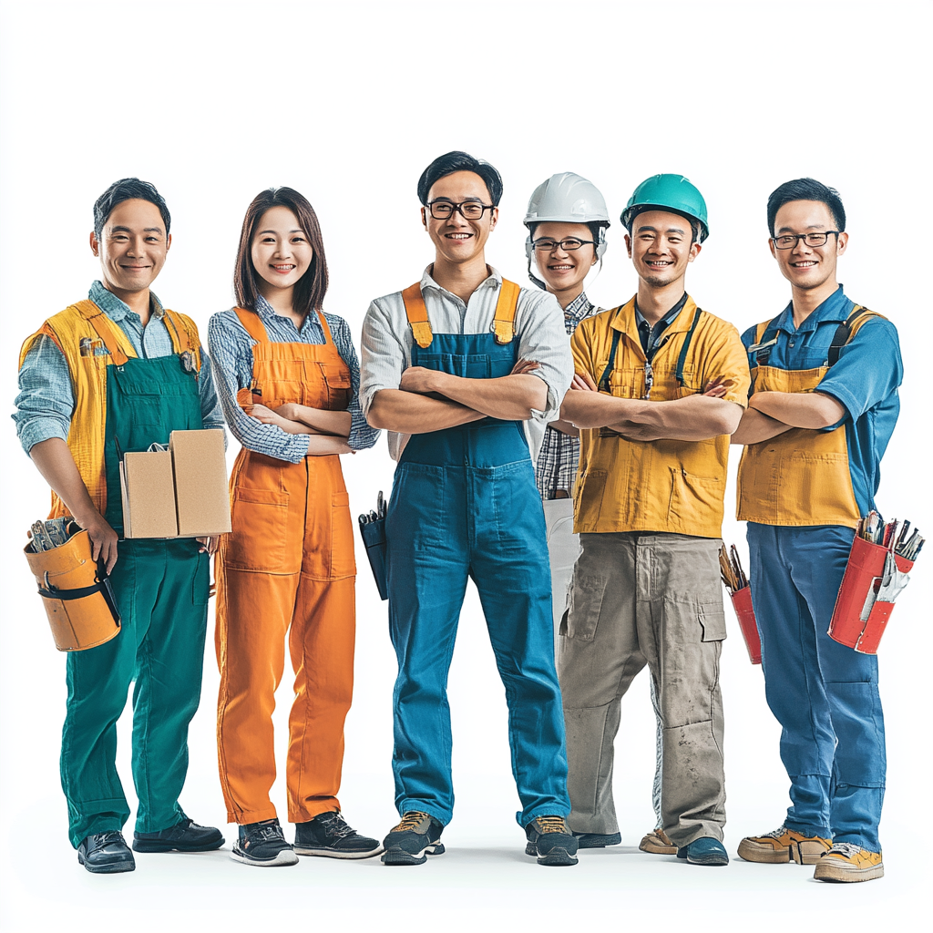 Happy Taiwanese professionals - plumbers, engineers, painters, bakers, architects.