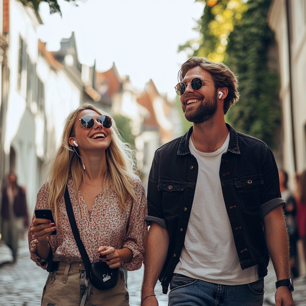 Happy Tourists Strolling European Cobblestone Street 