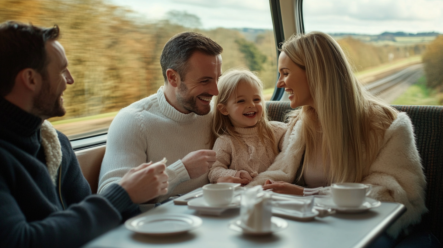 Happy UK family on train watching countryside