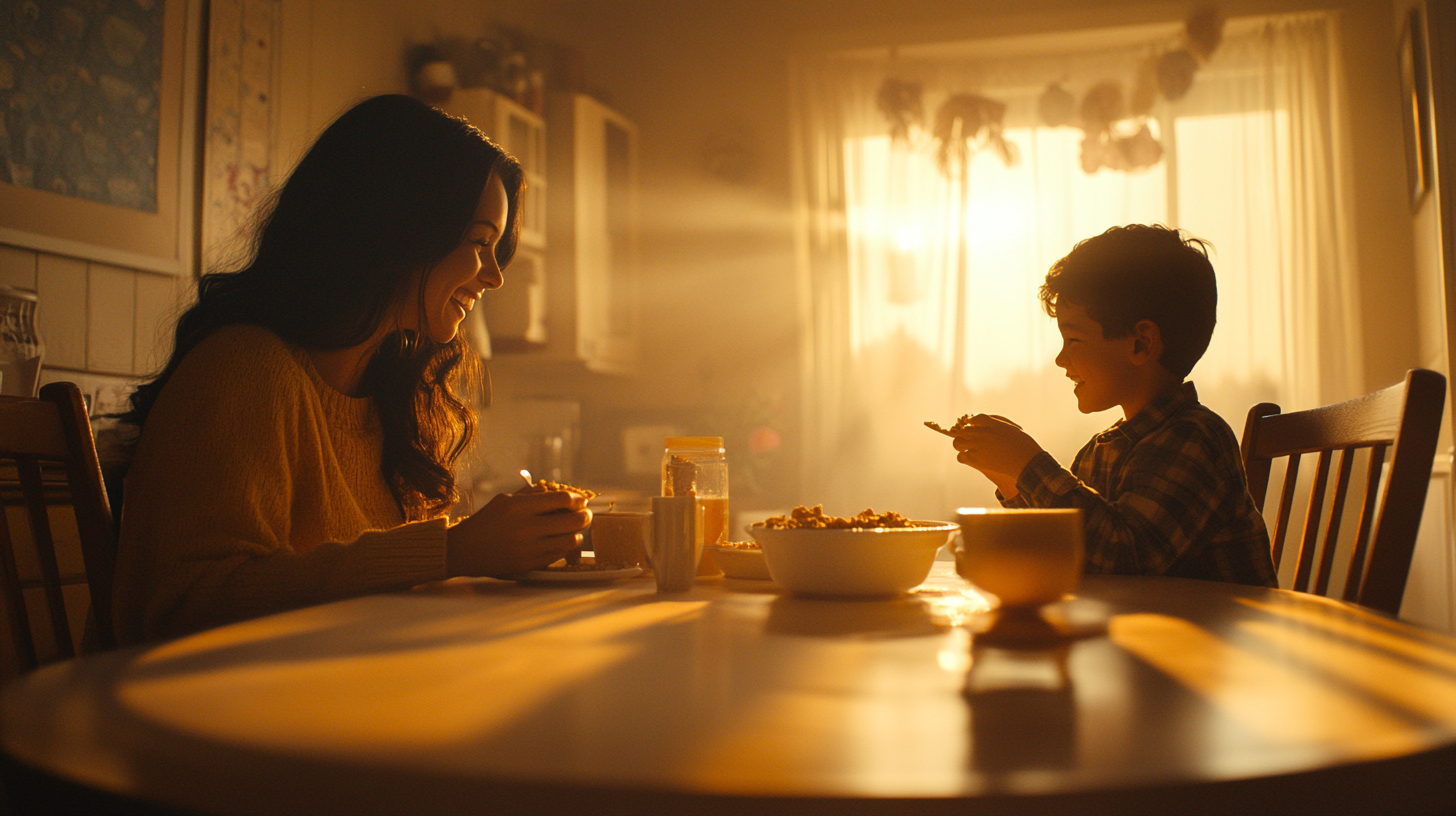 Happy Woman and Son Eating Cereal for Breakfast