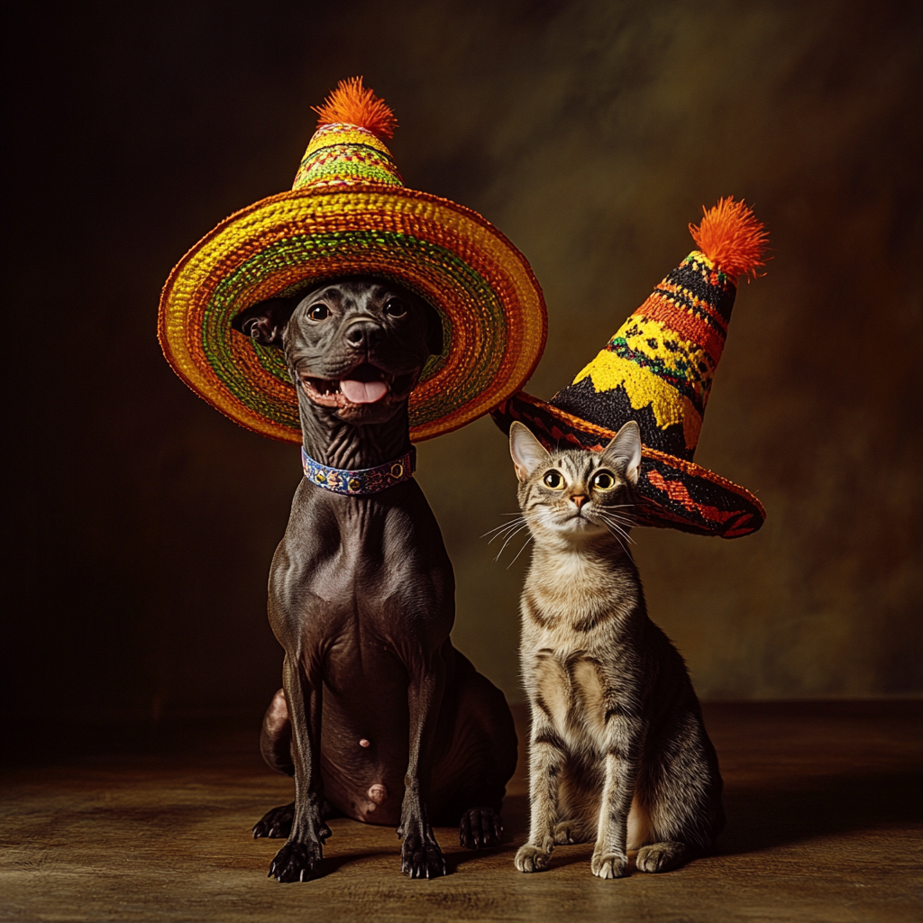 Happy Xoloitzcuintle and Cat with Mexican Hats, Magazine Photo