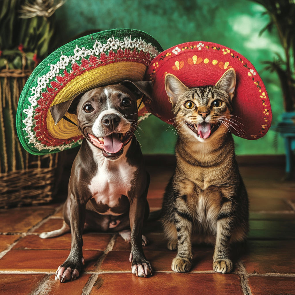 Happy Xoloitzcuintle and Tabby Cat Celebrate Mexican Independence