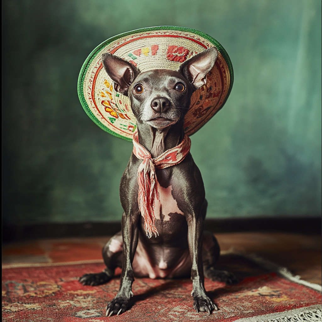 Happy Xoloitzcuintle in Mexican Backyard with Hat 