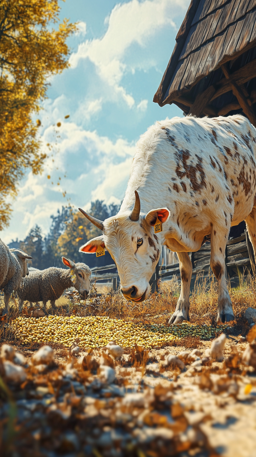 Happy animals enjoying nutritious feed on picturesque farm.