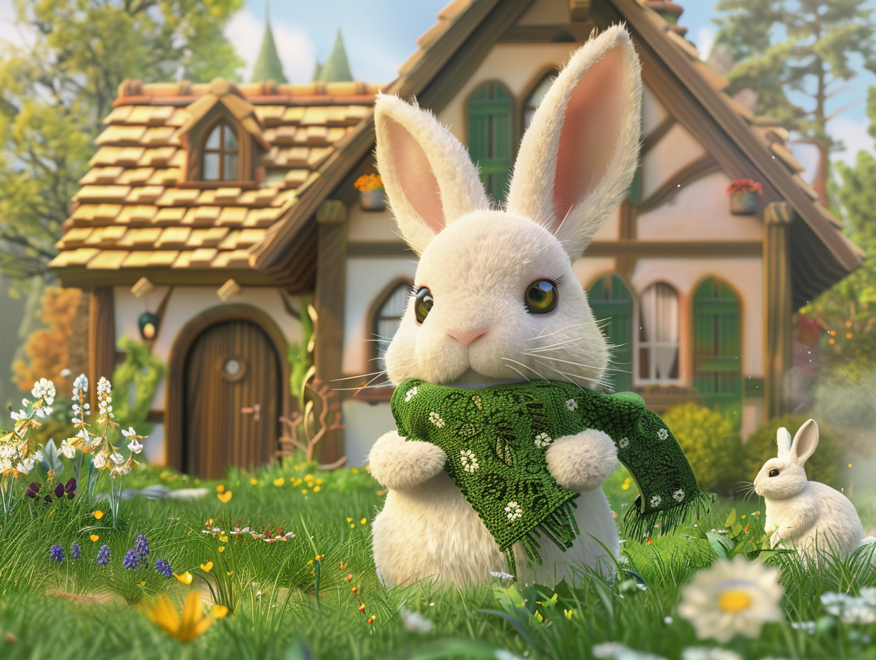 Happy animals with fluffy white rabbit in green scarf.