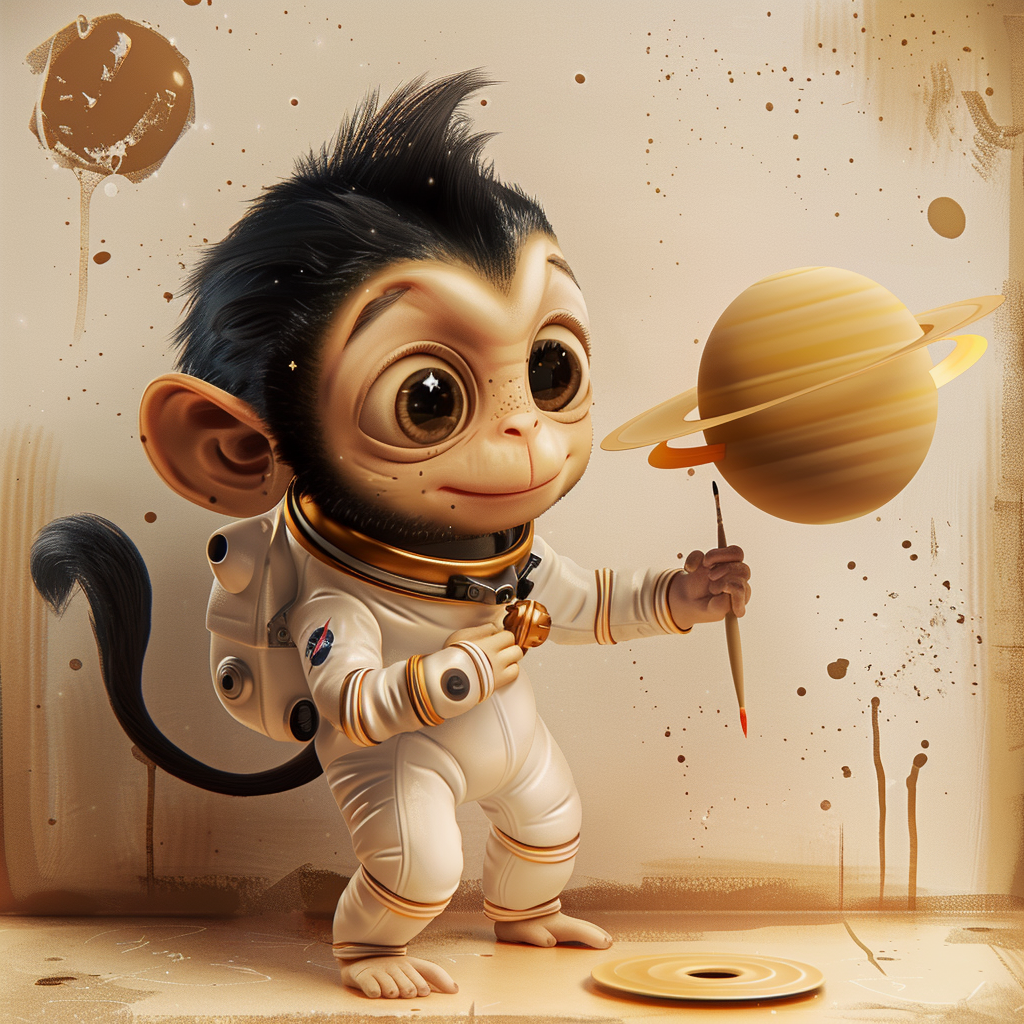 Happy astronaut monkey painting Saturn grafitti on wall, cute.