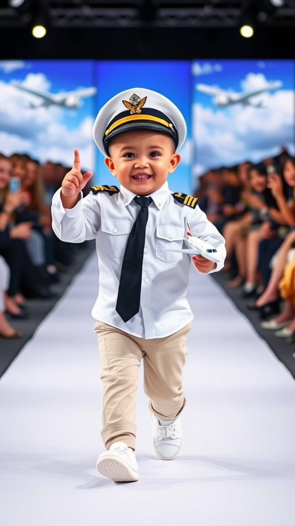 Happy baby pilot walks runway, pointing to sky.