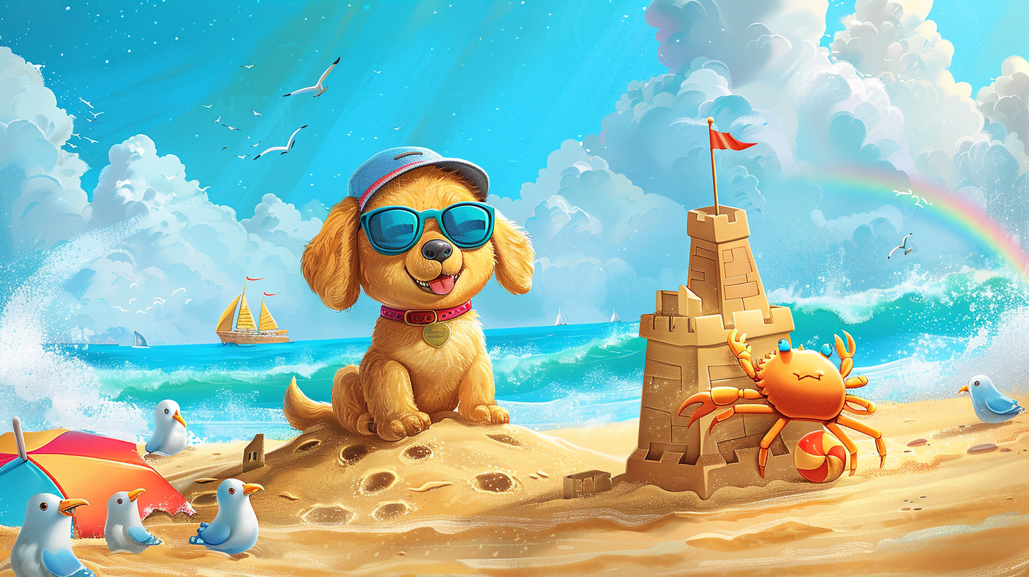 Happy beach scene with puppy, crab, sandcastle, waves.